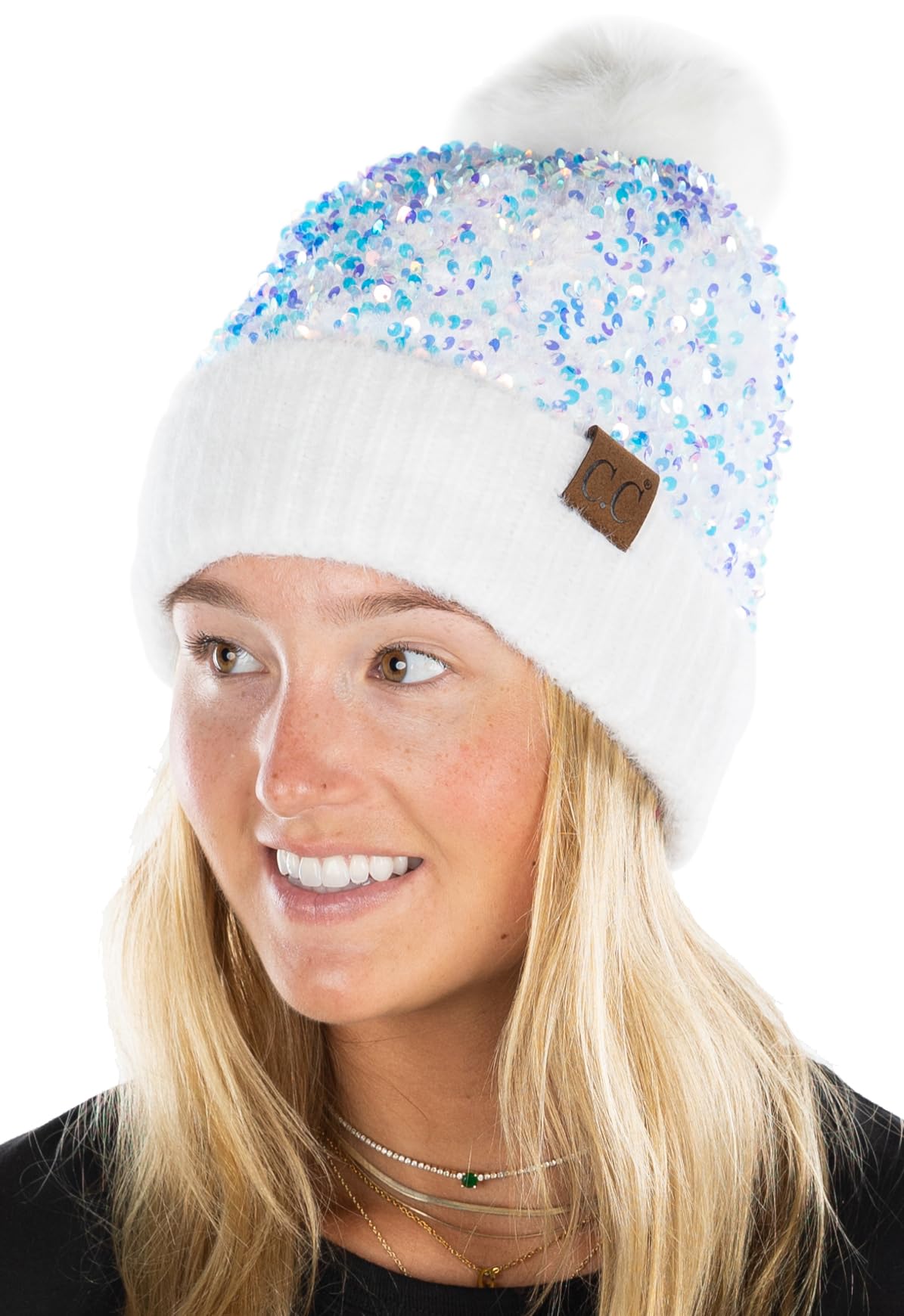 Funky Junque Bling Winter Hats for Women Sparkly Beanie Hat Slay Sparkle Sequin Faux Fur Pom Pom Knit - Chunky Sequin - White