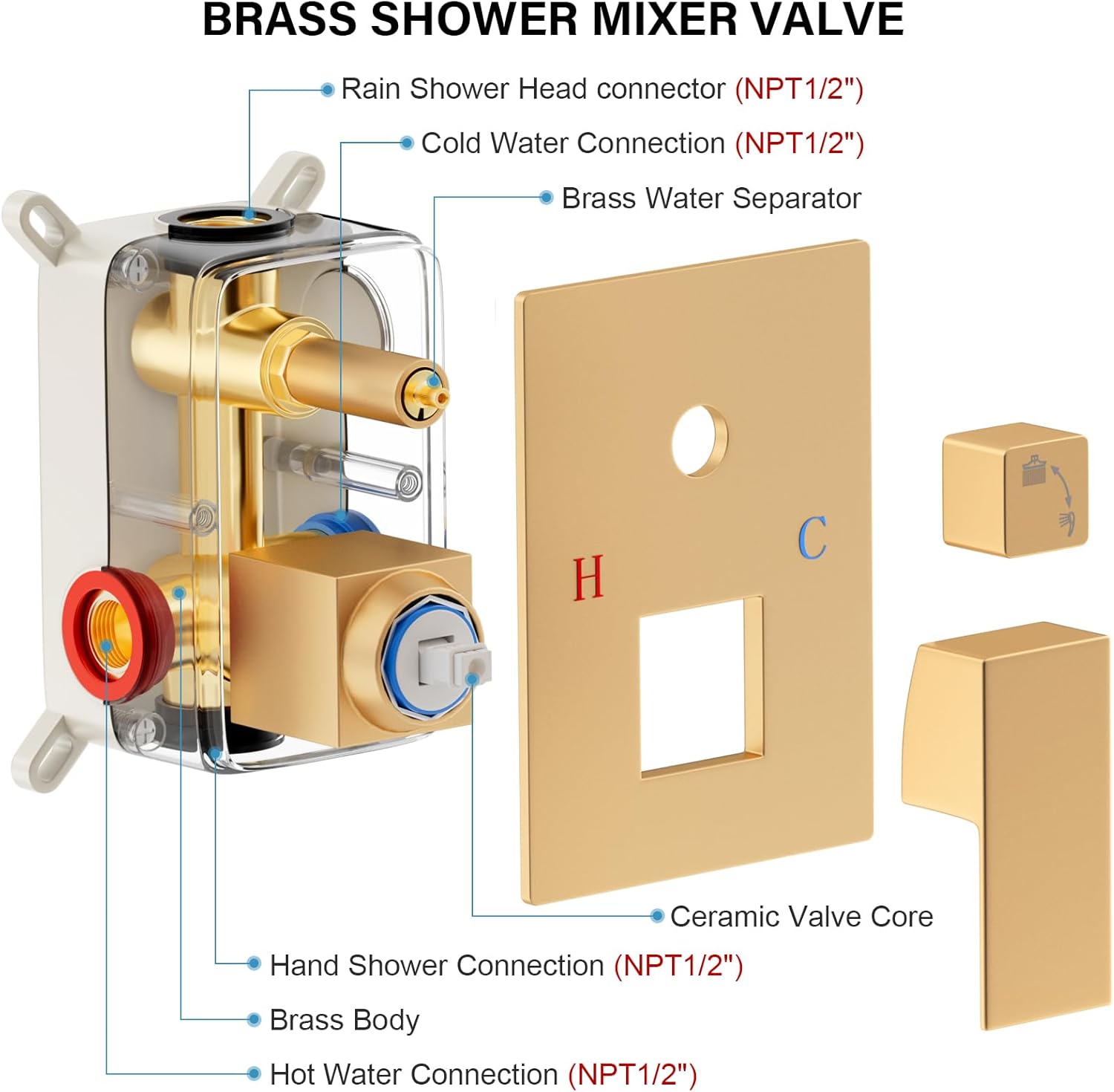 FPXRNG Gold Shower Faucet Set, Rainfall Shower System with Rain Shower Head and Handle Set, Wall Mounted Shower Fixtures, Full Metal Trim Repair Kit 10 inch Paint Gold (With Shower Valve)