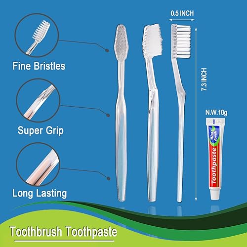 Miniatura 3 de Paquete de 50 cepillos de dientes desechables con pasta de dientes con 150 púas de hilo dental envueltas individualmente