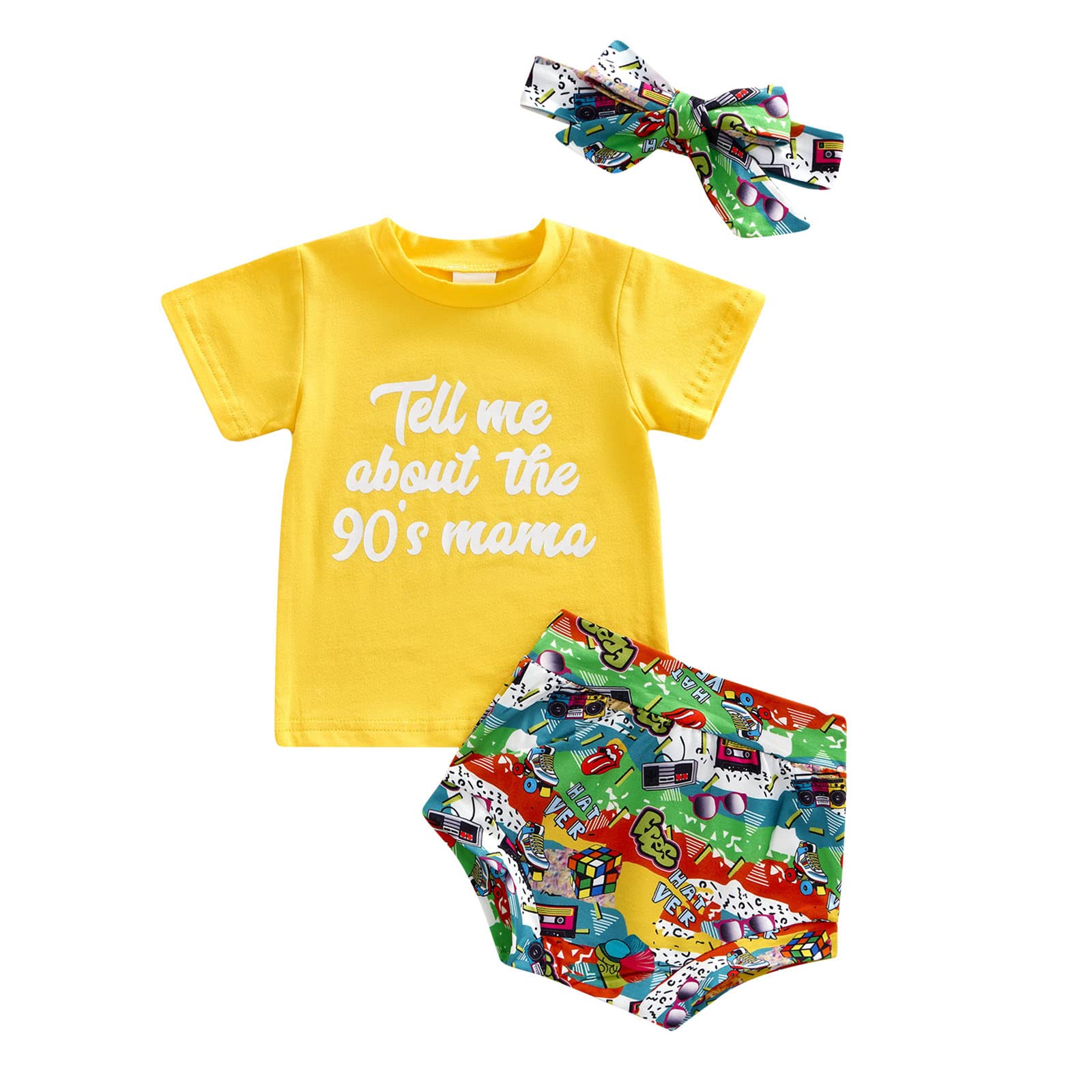 Toddler Western Baby Girl Outfit Set Summer Letters T-Shirt Tops High Waist Floral Print Bottoms Shorts Headband (Yellow,6-9 Months)