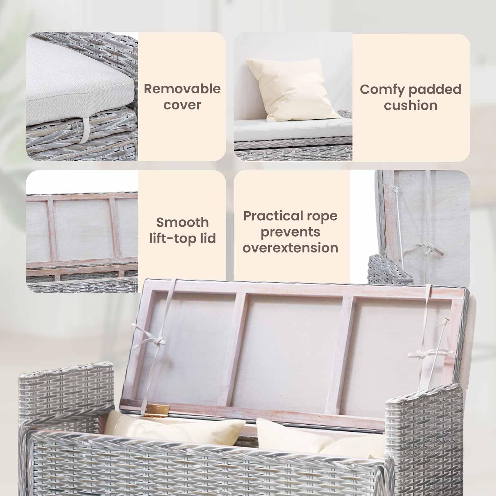vidaXL Panchina con Contenitore Bianco Lavato 110 x 40 x 50 cm Rattan, Panca portaoggetti per Salotto, Sgabello Rettangolare Moderno, Compatto per Ingresso o corridoio