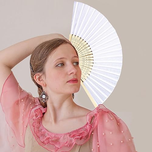 Miniatura 4 de 2 ventiladores plegables blancos, abanicos de mano para mujeres, abanicos plegables de bambú, ventilador plegable de mano de tela de seda,