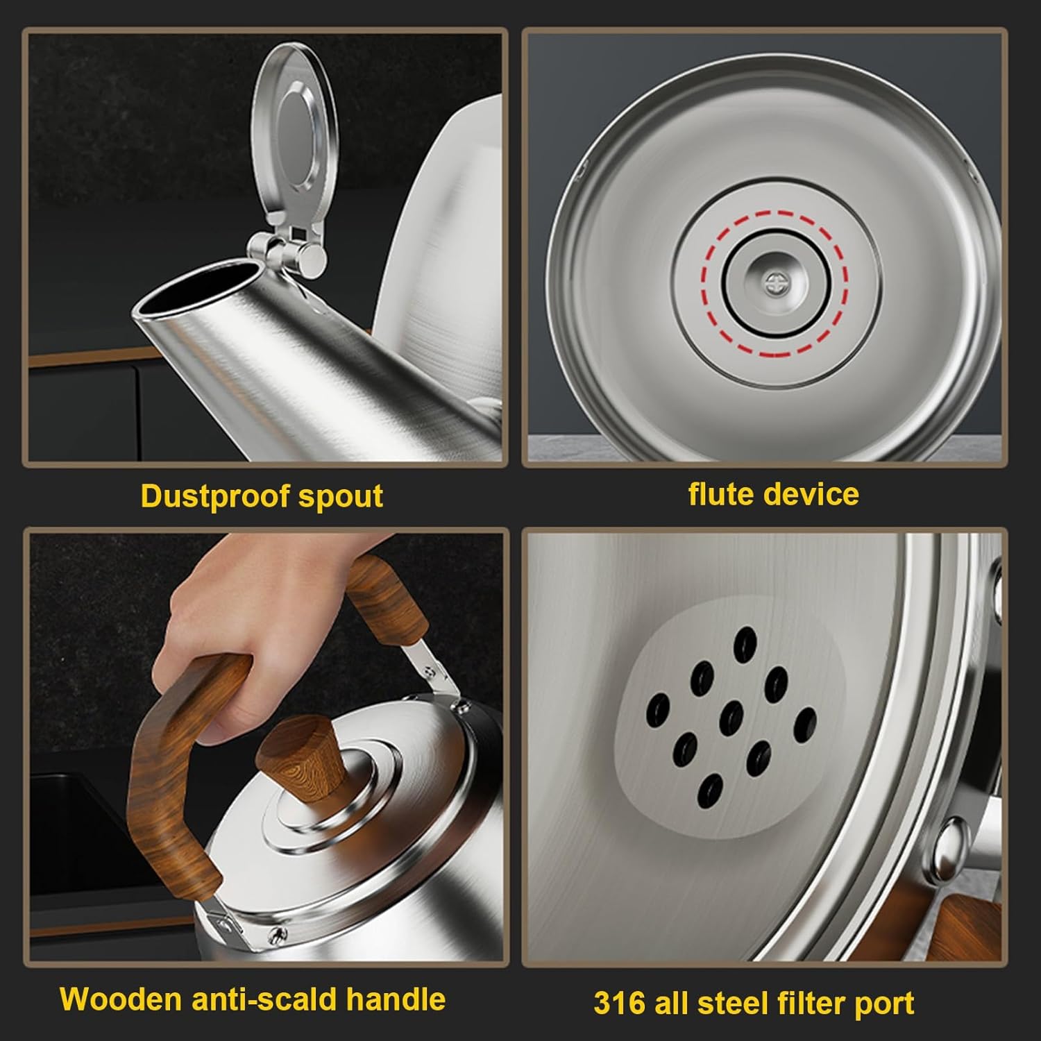 316 Stainless Steel Tea Kettle Whistling Teapot Stovetop Fast Boiling Whistling Tea Kettle for Stove Top(4L)