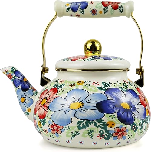 Hervidor de té esmaltado de 2.5 L, tetera bohemia con flores azules, elegante hervidor de agua caliente esmaltado de acero retro, diseño clásico