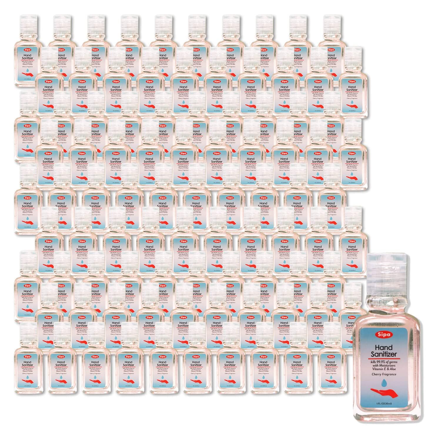SIPA Bulk Cherry Scent Hand Sanitizer Travel Size Bundle 1 oz, Cap Bottle, Protect Against Germs with Vitamin E Formula, with 4 Free Keychain Holder (1oz Pack of 96)