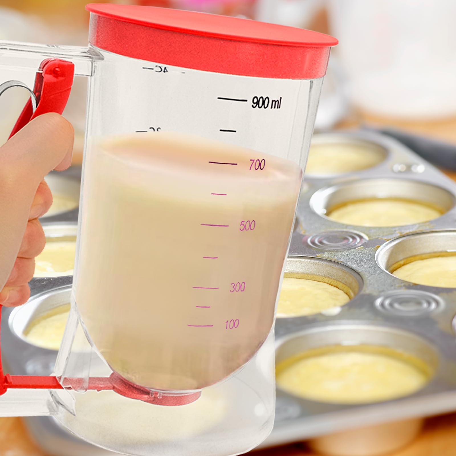 Dozownik do ciasta z pokrywką i skalą – 900 ml dozownik ciasta, dozownik ciasta, kubek z miarką do muffinek, naleśników, gofrów i babeczek, narzędzie do pieczenia DIY