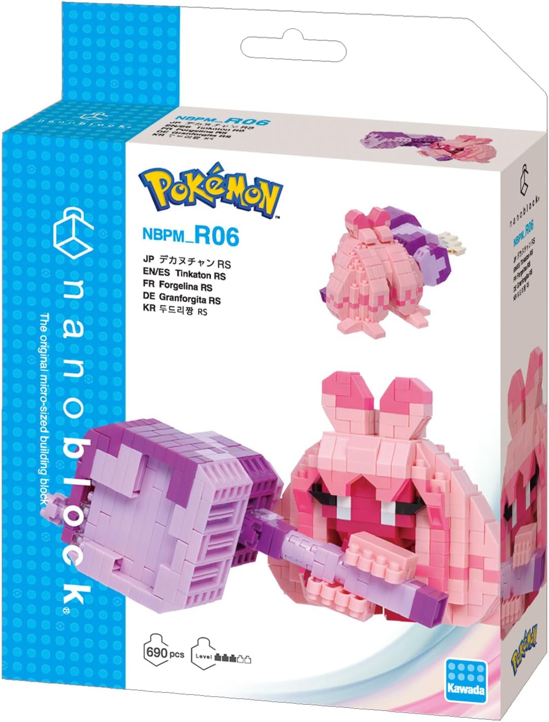 Product box for the nanoblock Pokémon Tinkaton RS Series Building Kit, showing the assembled model and piece count.