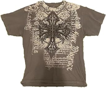 Mens Y2K Vintage T-Shirt Gothic Cross Graphic Print T-Shirt Round Neck Short Sleeve Tops