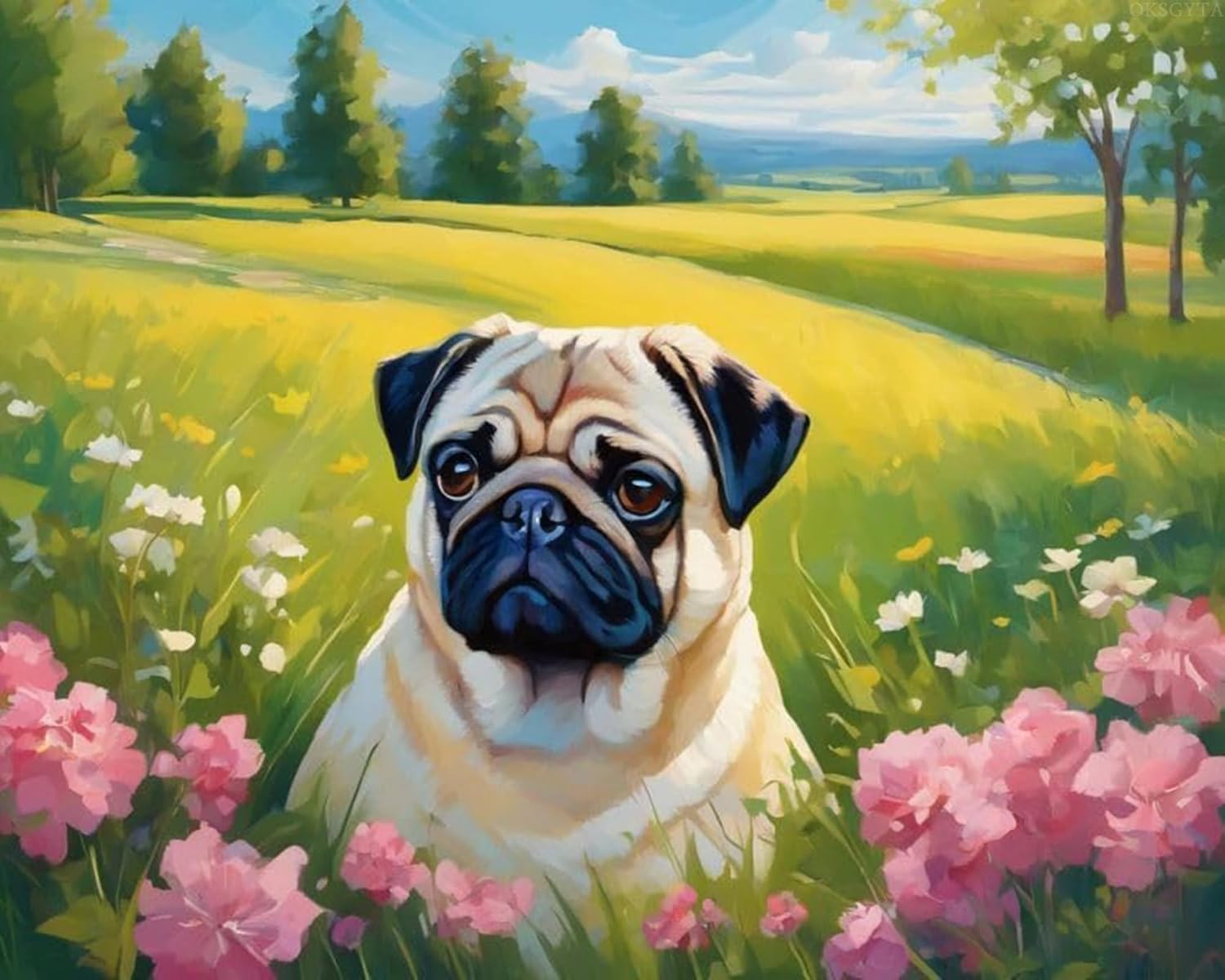 OKSGYTA Paint by Numbers for Adults, Pug, Paint by Number Kits on Canvas, DIY Oil Paintings for Adults, 40x50cm No Frame