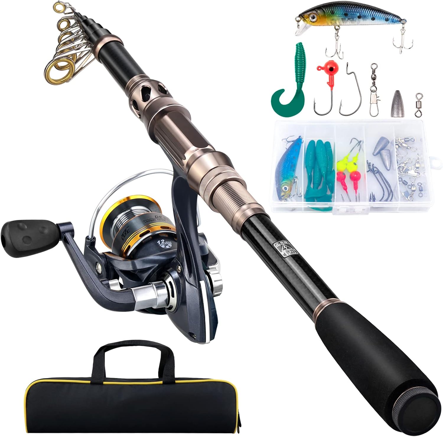 QiyuanLS Fishing Rod and Reel Combo, Carbon Fiber Telescopic Fishing Pole with Spinning Reel, Fishing Line, Fishing Lures, Travel Bag for Youth Adults Beginner Saltwater Freshwater