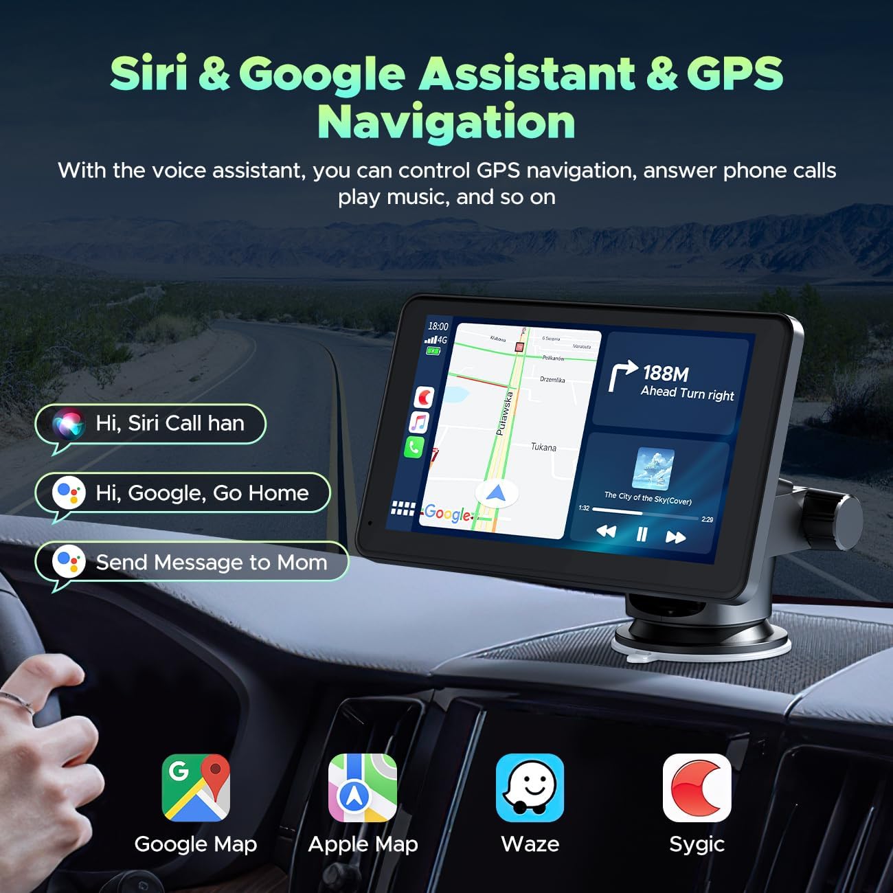 LAMTTO RC08 screen displaying navigation and voice commands for Siri and Google Assistant