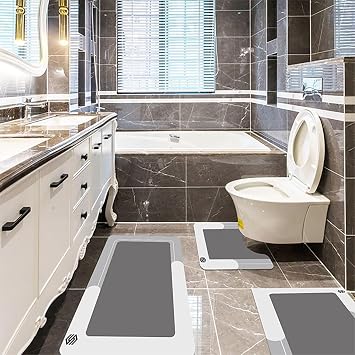 3PCS Absorbent Bath Mat Magic Rug Sets, Quick Dry Non Slip Bathroom Rugs with Rubber Backing, Machine Washable Floor Mats for Bathroom Shower Sink 19.7"x47.2" + 19.7"x31.5" + 20.1"x24", Dark Gray