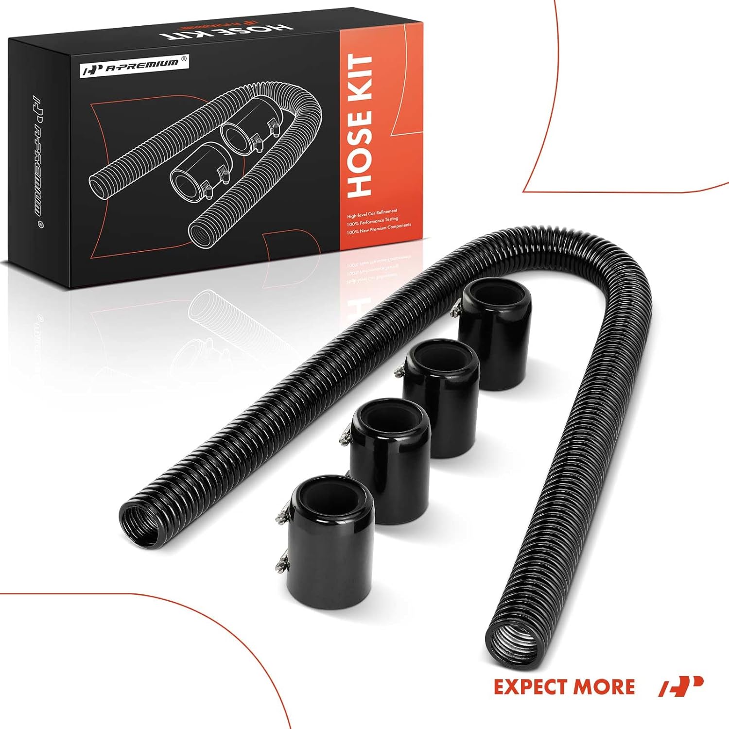 A-Premium 48" Universal Flexible Radiator Hose - Stainless Steel Water Hoses Adapter Coolant Hose Kit - with 4Pcs Polished Aluminum Caps (8 Clamps) Black