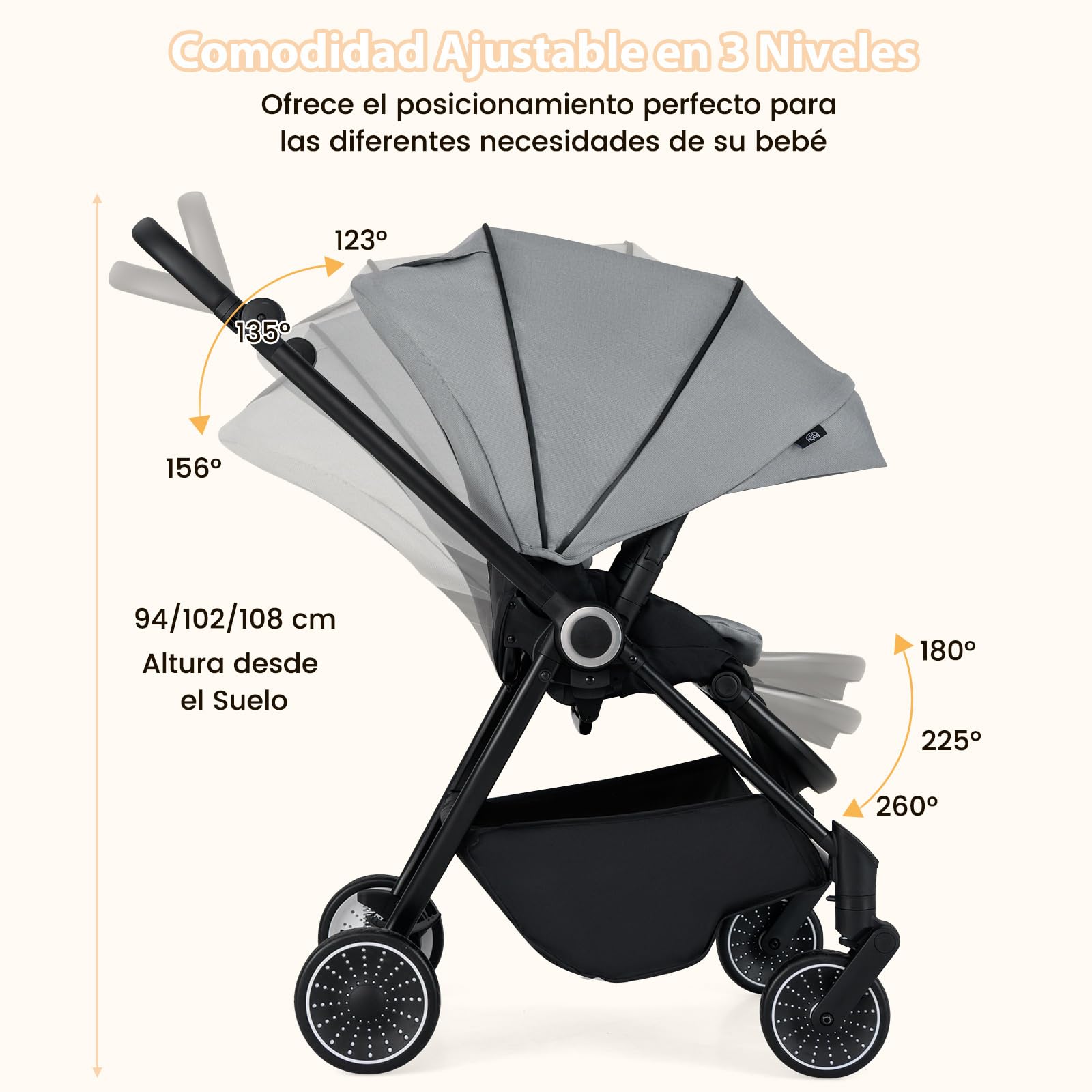 COSTWAY Silla de Paseo con Asiento Reversible, Carrito Bebe Plegable con Respaldo Reclinable, Toldo Ajustable, Asa y Reposapiés, Coche Infantil de Aluminio con Cesta y Ruedas con Suspensión (Gris)