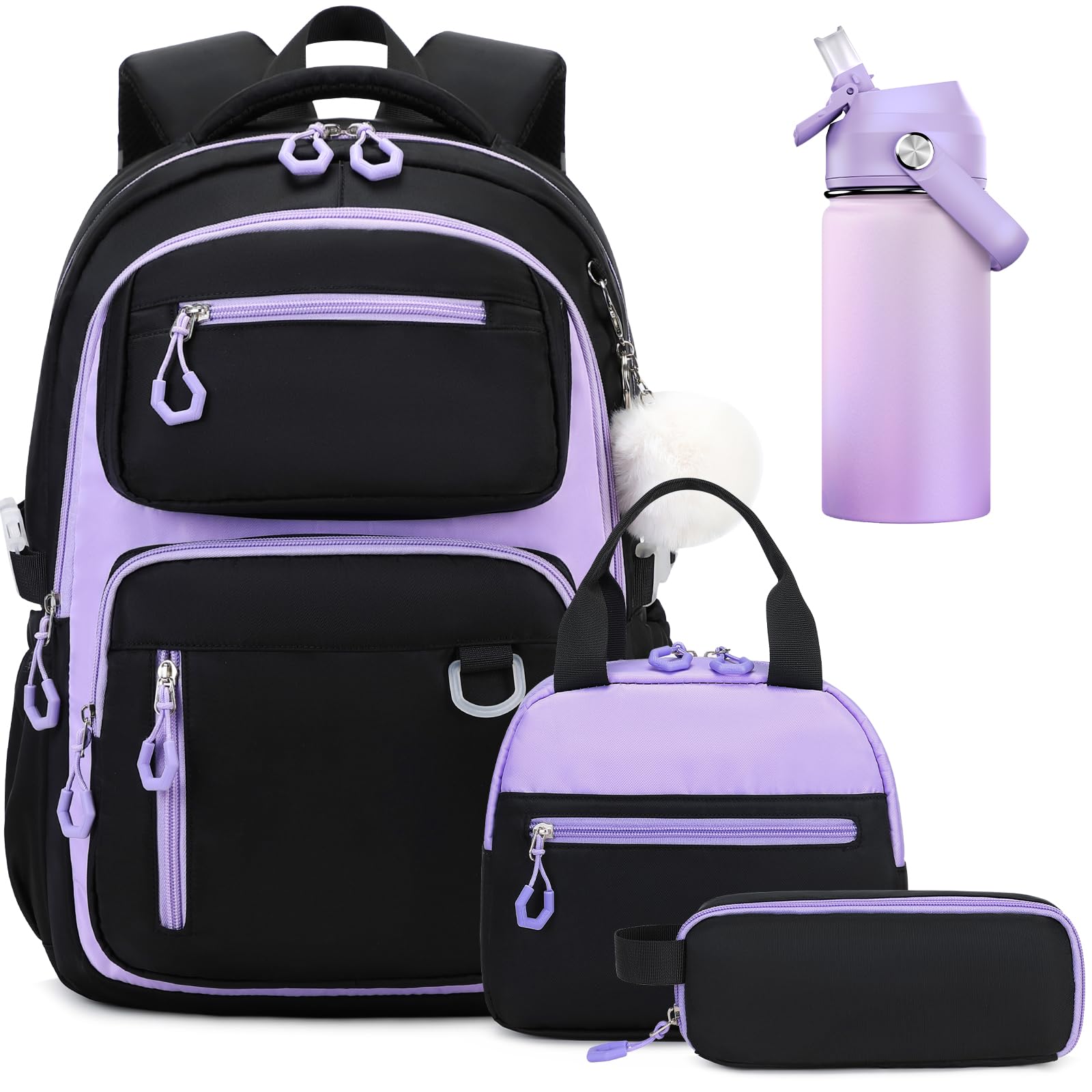 Bevalsa School Backpack for Girls, Bookpack with 14oz Insulated Water Bottle, Lunch Bag & Pen Case, Schoolbag for Kids & BPA-FREE Stainless Steel