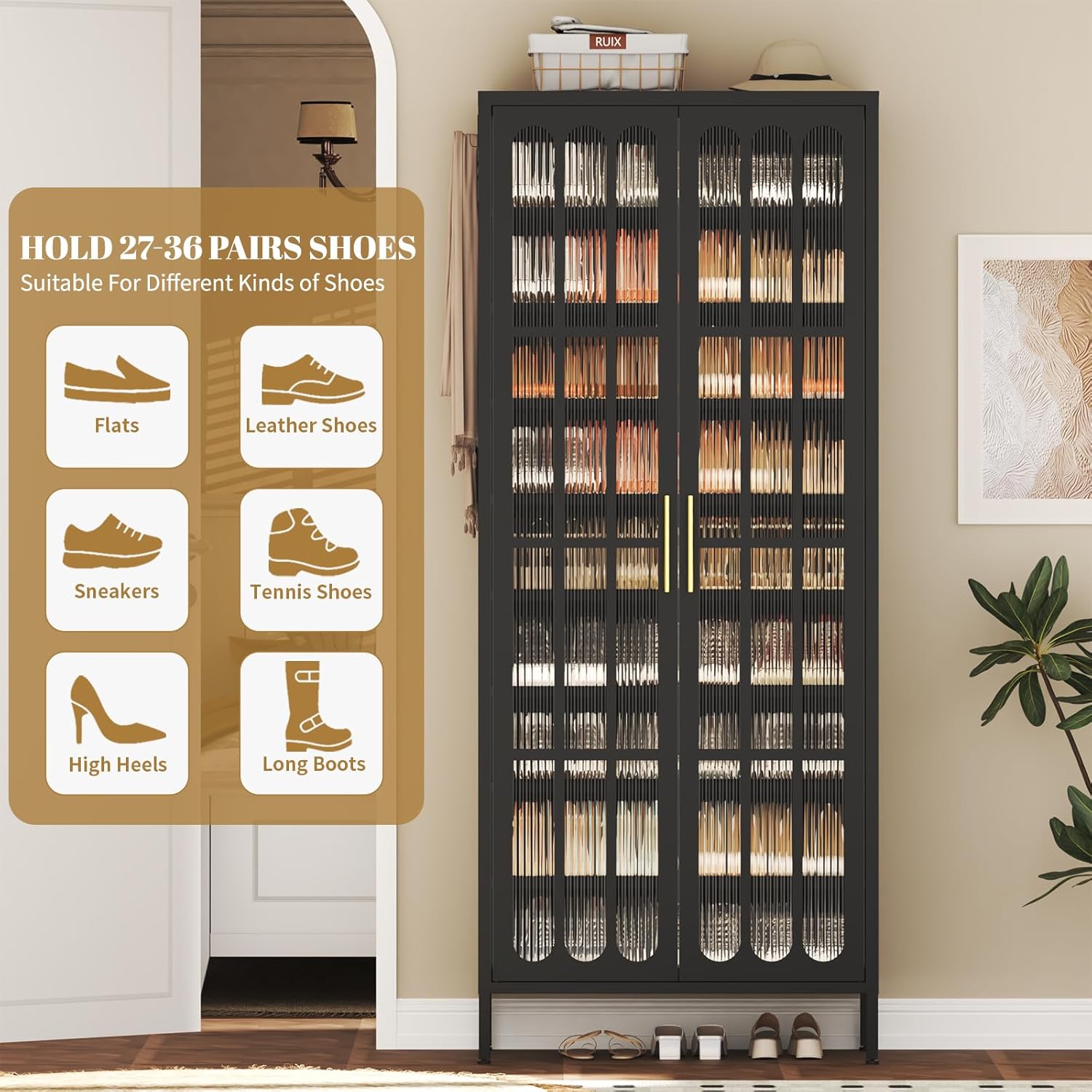 9-Tier Tall Metal Shoe Cabinet with Doors & Hooks, 67" Large Shoe Storage Organizer wth Adjustable Shelves, Shoe Rack Holds 27-36 Pairs for Entryway, Hallway, Cloakroom (Black)