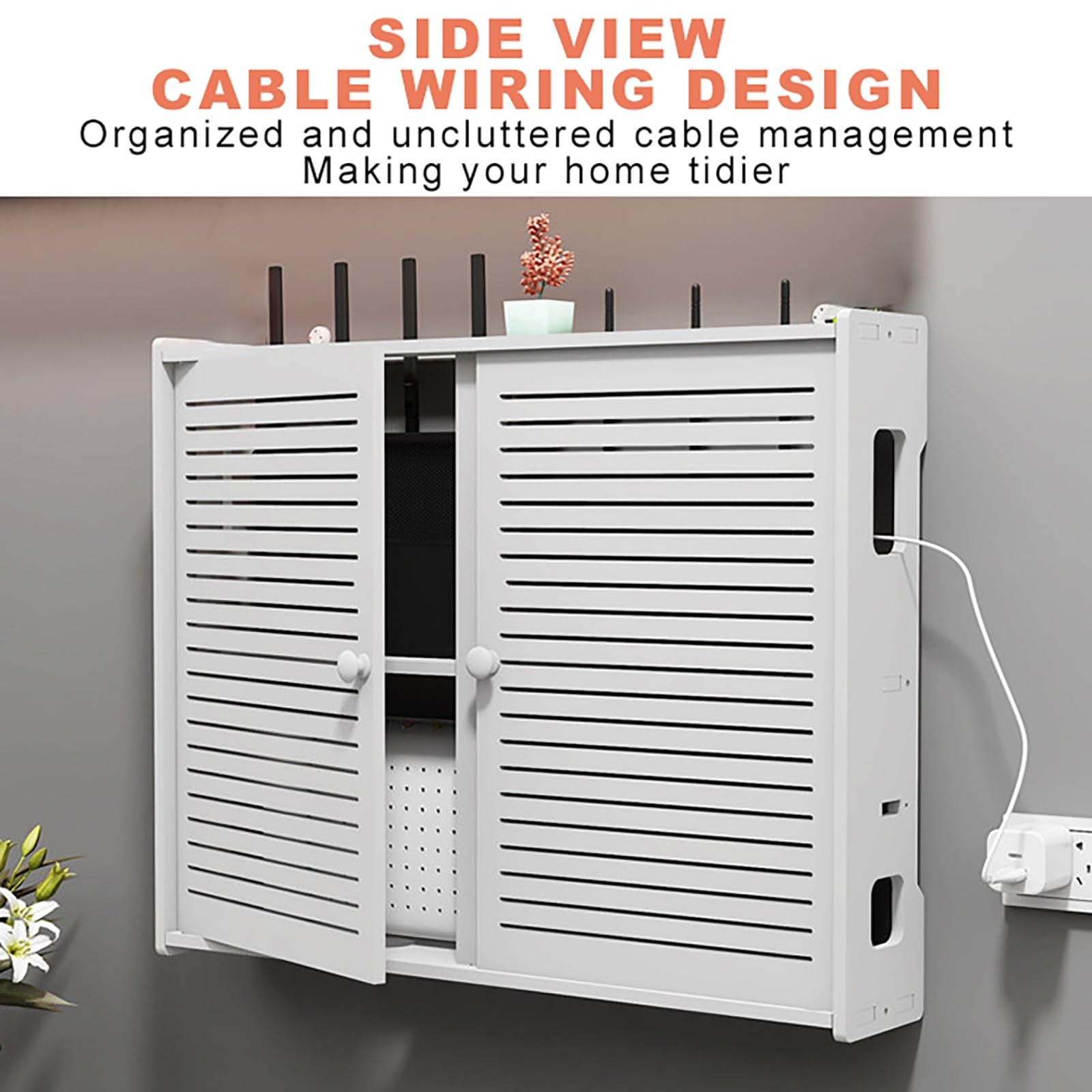 WiFi Router Mensola Montaggio a Parete Nascondere Cavi Scatola con Anta e Ripiano Grande Capacità per Soggiorni Casa e Ufficio.(48x11x40cm)