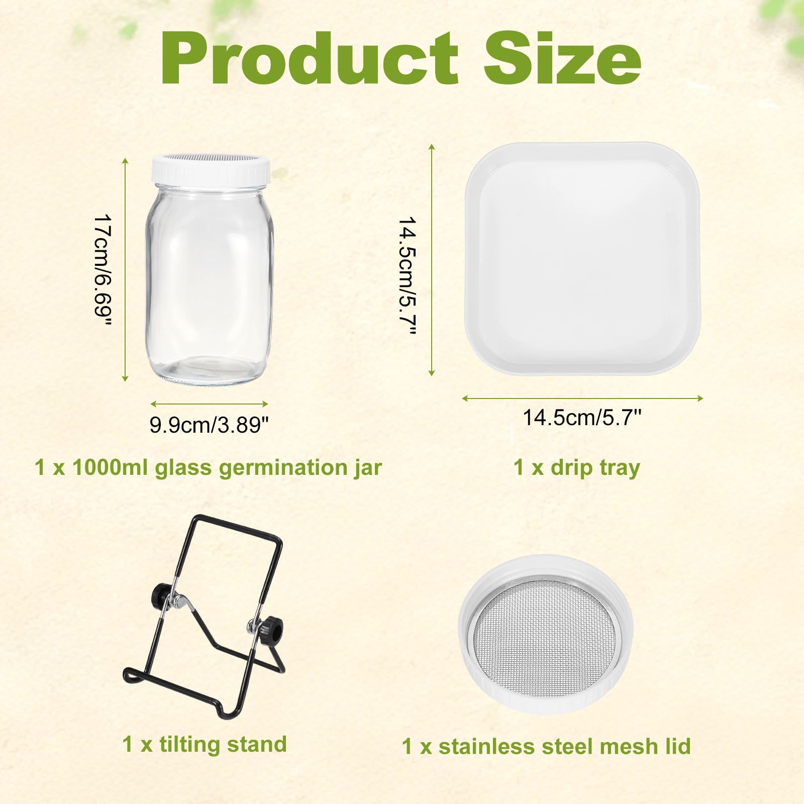 QUARKZMAN 1000ml Bocal Germoir Blanc Couvercle Passoire Acier INOX