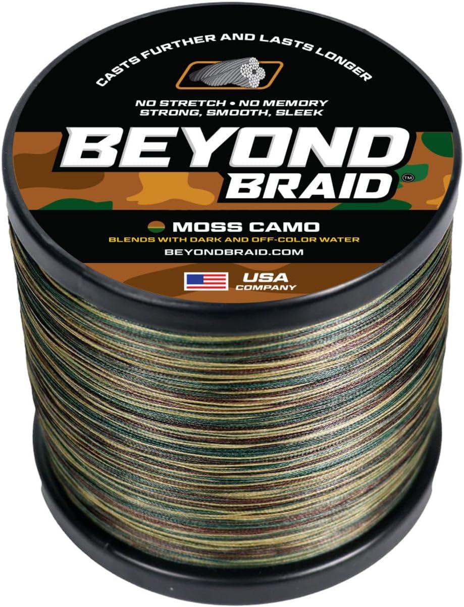 Beyond BraidBraided Fishing Line -Super Strong - Abrasion Resistant - No Stretch -Blue Camo, Moss Camo, White, Green, Pink, Blue, 4 Strand 8 Strand