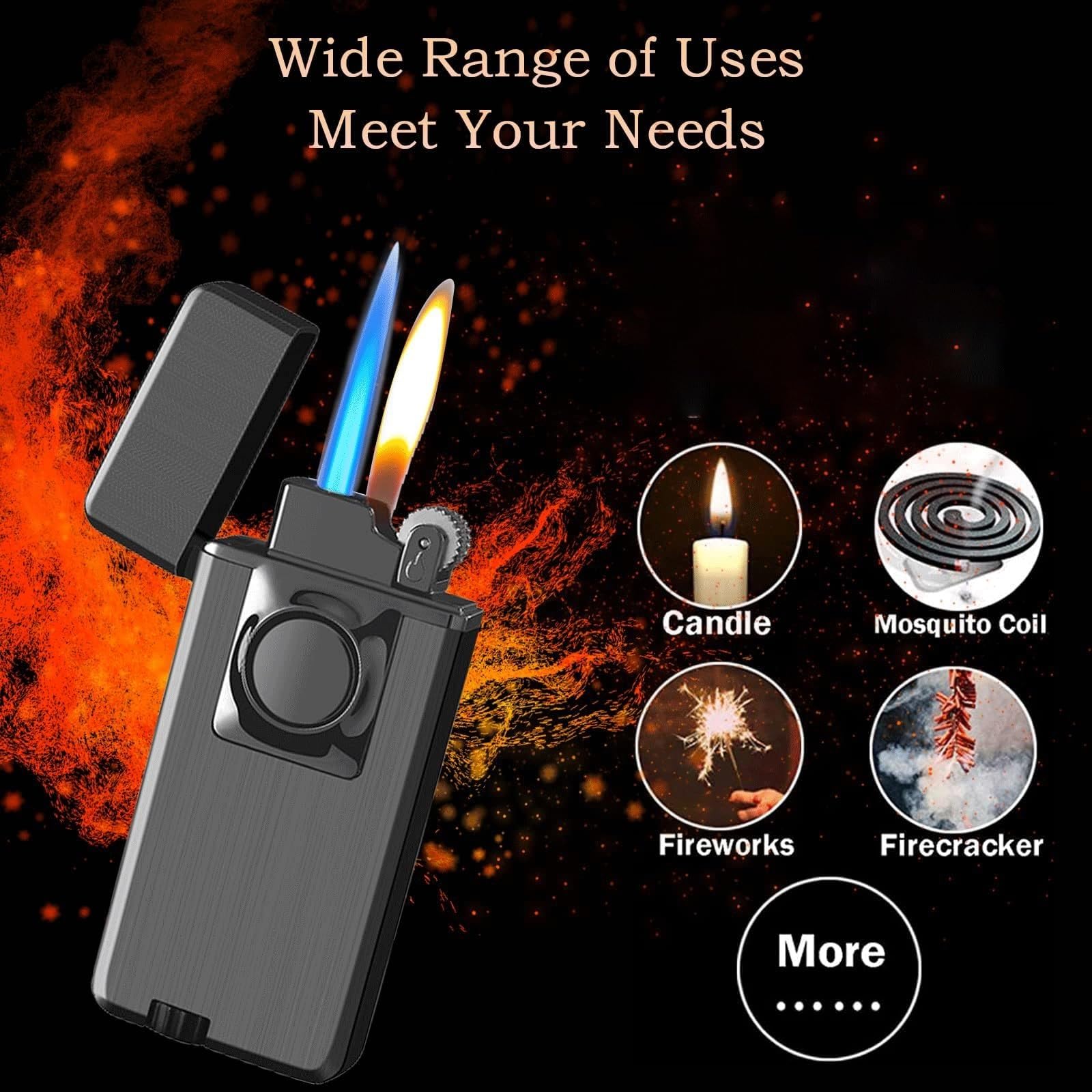 Mechero de metal resistente al viento, linterna doble con llama suave ajustable y chorro, encendedor de butano recargable, ventana de combustible visible para acampar y asar (combustible no incluido)
