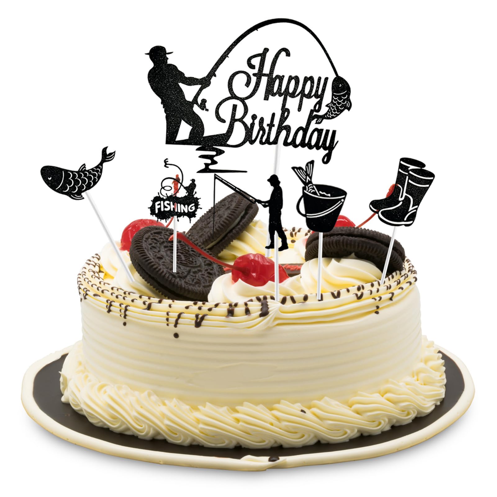 Angel-Kuchenaufsatz „Happy Birthday“ – Mit Glitzer, Für Angler-Mottoparty, Nicht Essbar