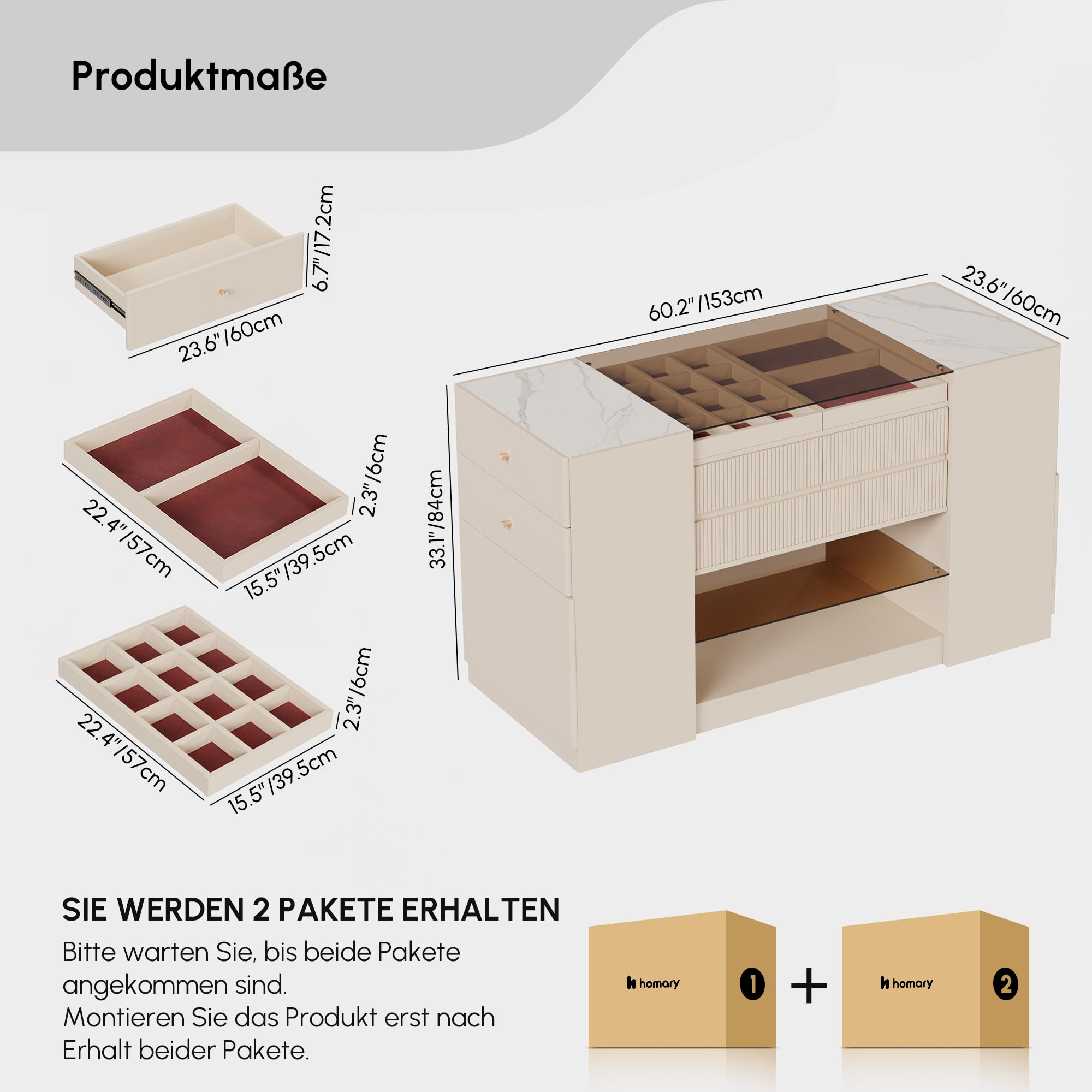 Homary 60 Zoll Insel Schmuckkommode mit Sinterstein & Glasplatte, 2 Schmuckfächern, 4 Schubladen, Türen & Regalen für begehbaren Kleiderschrank