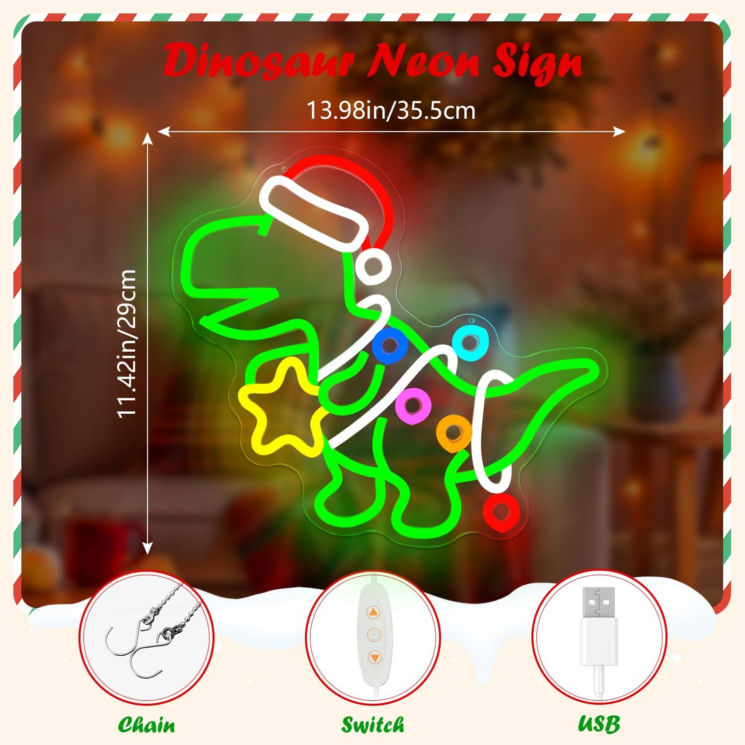 Christmas Dinosaur Neon Sign Green Dinosaur Ornament LED Sign for Kids Bedroom Dimmable Dino Christmas Light Up Sign for Tree Windows Game Room Unique Neon Wall Art Decorations Gifts for Teens