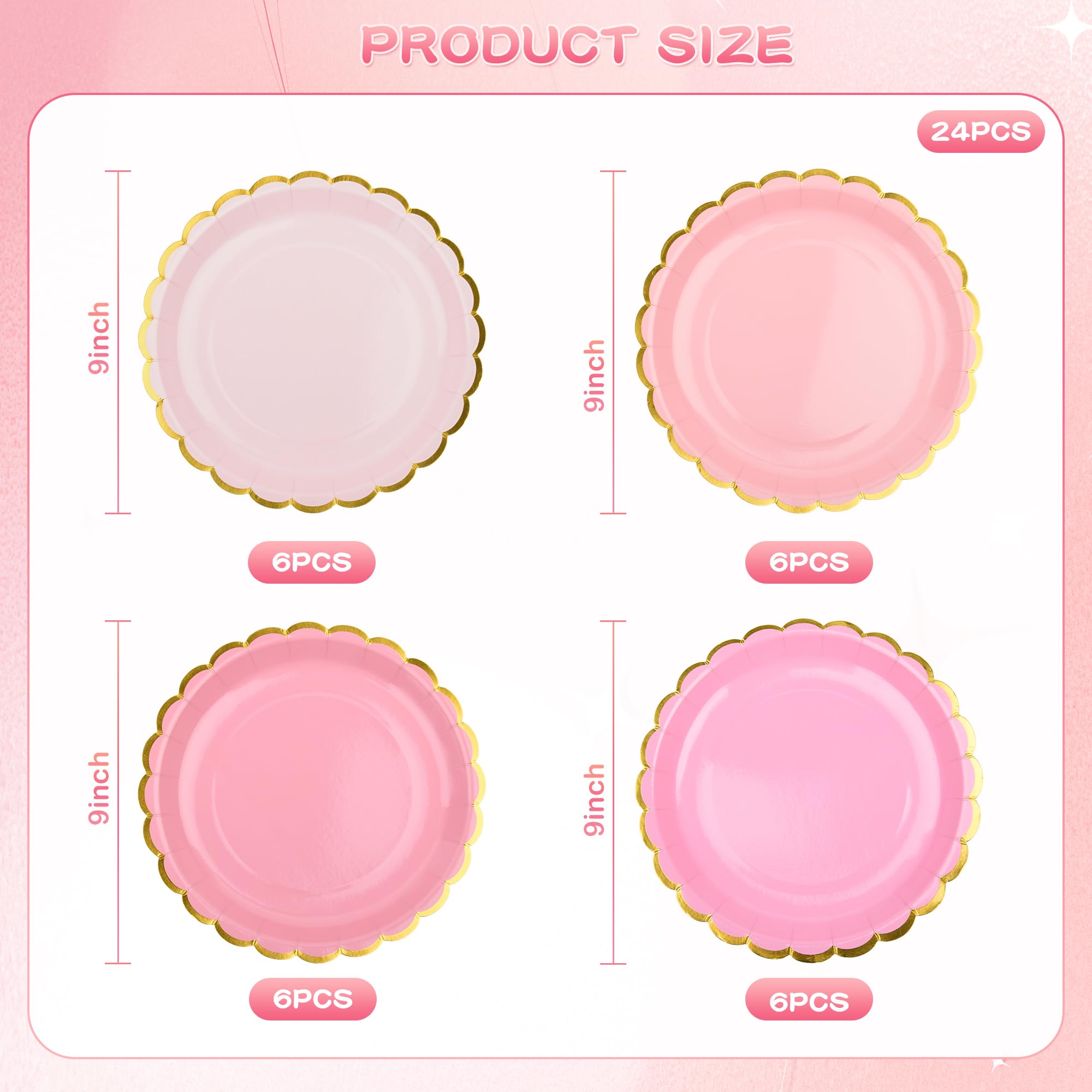 AimFun Pink Scalloped Party Plates Gold Foil Border Paper Plates Disposable 9inch Gradient Serving Plates for Birthday Wedding Bridal Baby Shower Party Supplies (24, Pink)