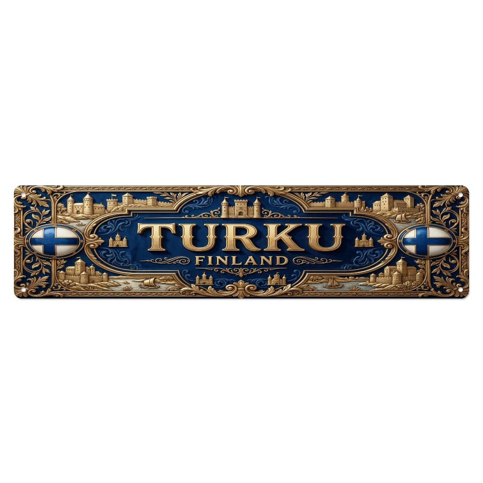 Olhnbad 4X16inch(10X40cm) Vintage Turku Finland Flag Pattern Metal Tin Sign
