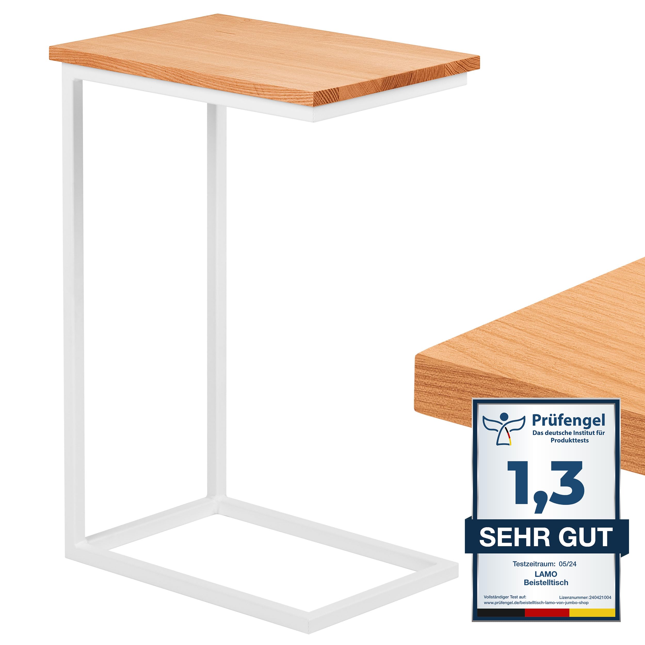 LAMO Manufaktur - Tavolino da scrivania per computer portatile, tavolino portabile, 45 x 30 x 67 cm, struttura bianca, 100% vero legno massiccio, naturale