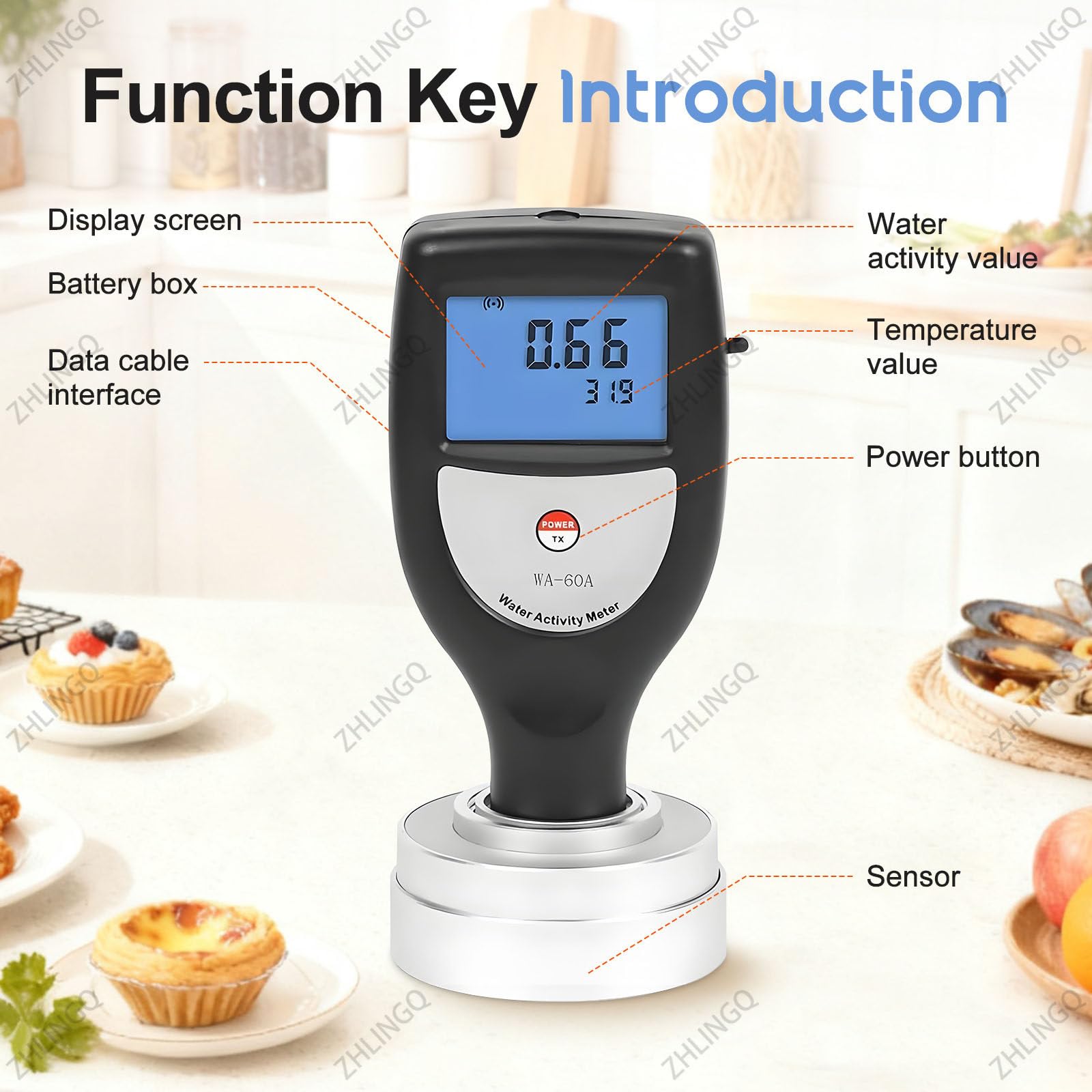 Misuratore portatile di attività dell'acqua per alimenti, tester digitale Aw Monitor 0.00-1.00aw risoluzione 0.01, display LCD Bluetooth