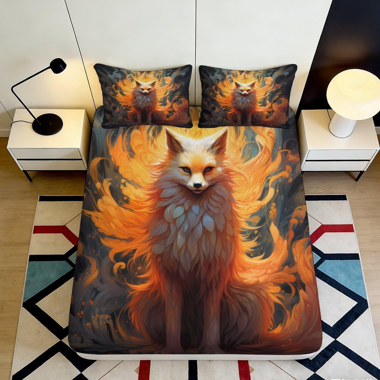 3D Printed Fiery Fox Fitted Sheet Microfiber Bedroom Dorm Decor Orange Flame Art Mattress Cover for Adults Teens 90x200x25cm