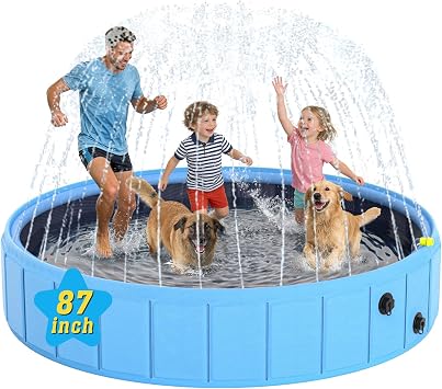 Foldable Dog Pool with Sprinkler, 87 in Extra Large Non-Slip Dog Pet Bath Pool, 2-in-1 Collapsible Pet Bathing Tub Kiddie Pool for Puppy Small Medium Large Dogs Cats and Kids