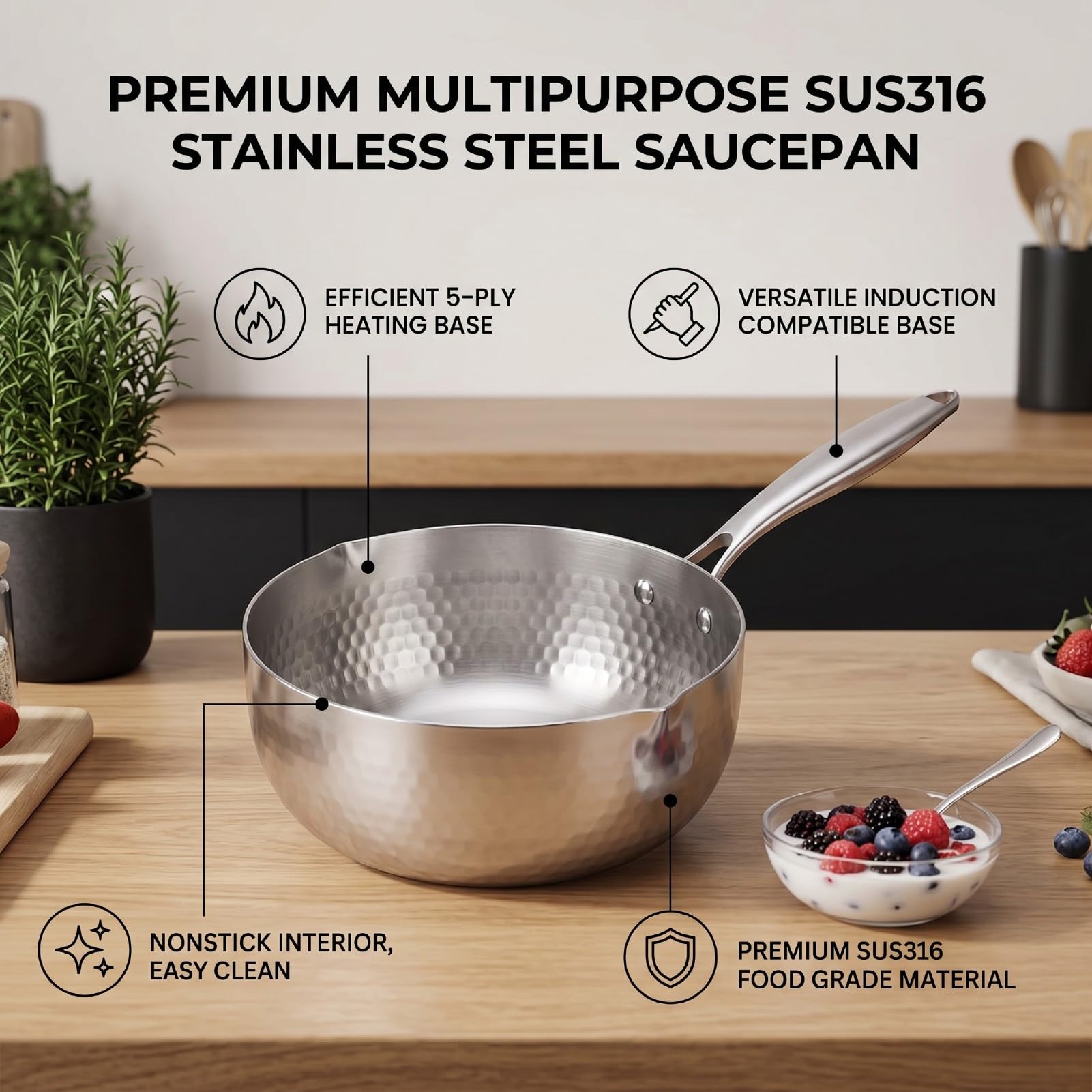 ZJchao Pentola in Acciaio Inox SUS316, Antiaderente, Fondo a 5 Strati, con Base Clad per Induzione, per Alimenti per Bambini e Salse