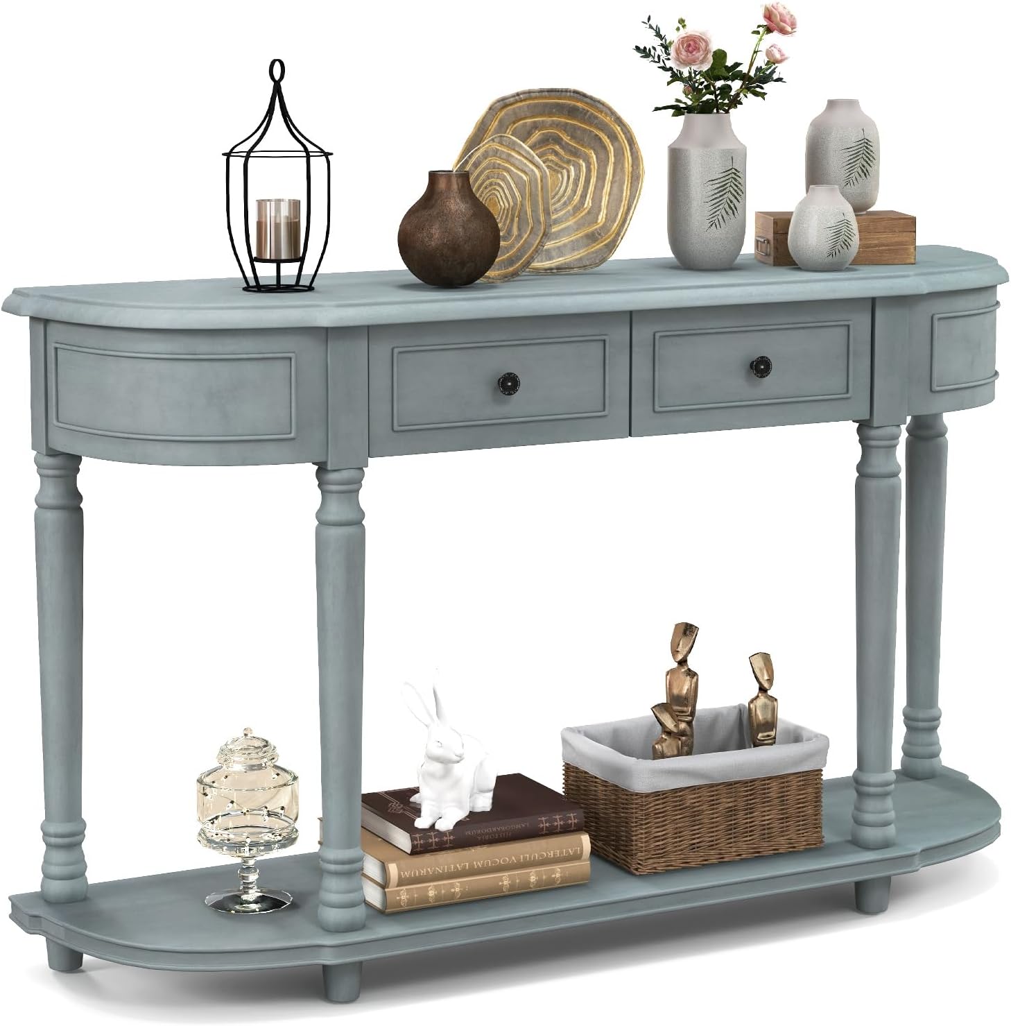 52" Blue Wood Console Table with Storage Drawers and Shelf