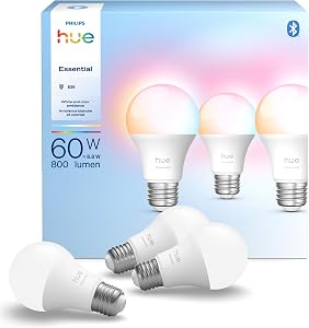 Philips Hue Essential Smart LED A19 Bulb, White and Color Ambiance, E26 Base, 8.8W, 2200K-6500K, 800 Lumens, Dimmable, Works with Alexa, Google Assistant, and Apple Home, 3 Pack