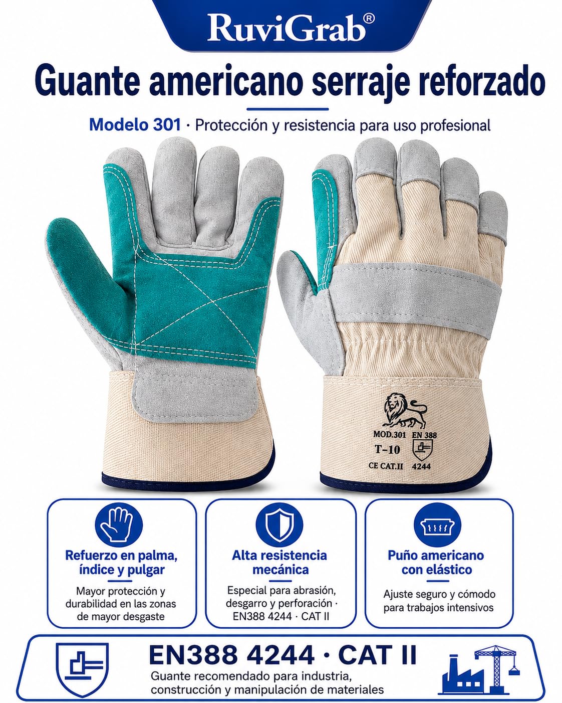 Ruvigrab - Guante americano serraje reforzado | Trabajos pesados | Guantes cactus| Guantes jardin |Guantes para mecanicos, Construcción, Agricultura | Guante trabajo hombre y mujer