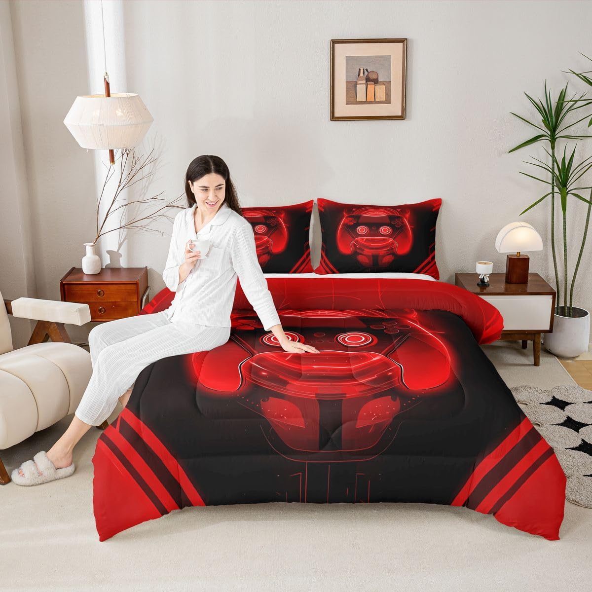 Feelyou Kids Red Gamer Duvet Insert Full Size, Gaming Comforter Set Boys Girls Modern Game Bedding Set Teens Bedroom Decor Microfiber Bed Set image 5