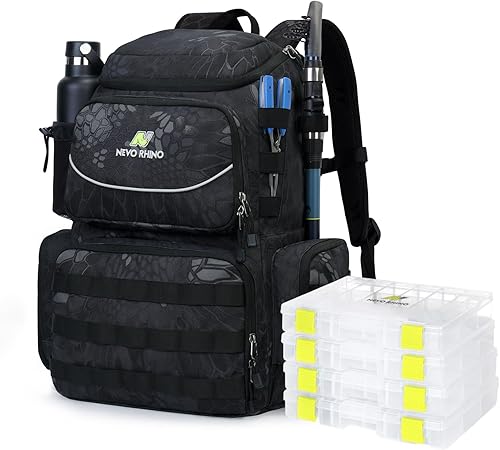 N NEVO RHINO Mochila de aparejos de pesca con soportes para caña, 4 cajas de aparejos, bolsa de pesca impermeable de almacenamiento grande de 40 L