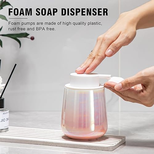 Miniatura 4 de Dispensador de jabón rosa degradado, dispensador de jabón espumoso de cerámica con bomba fácil de presionar para baño, jabón líquido recargable de