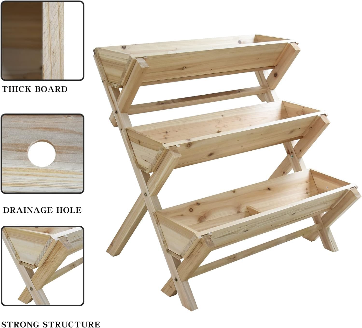 3 Tier 47 x 47 x 22in Raised Garden Bed Horticulture Outdoor Elevated Flower Box Tiered Garden Bed Wooden Vegetables Growing Planter for Backyard/Patio/Gardener (Color : Natural)