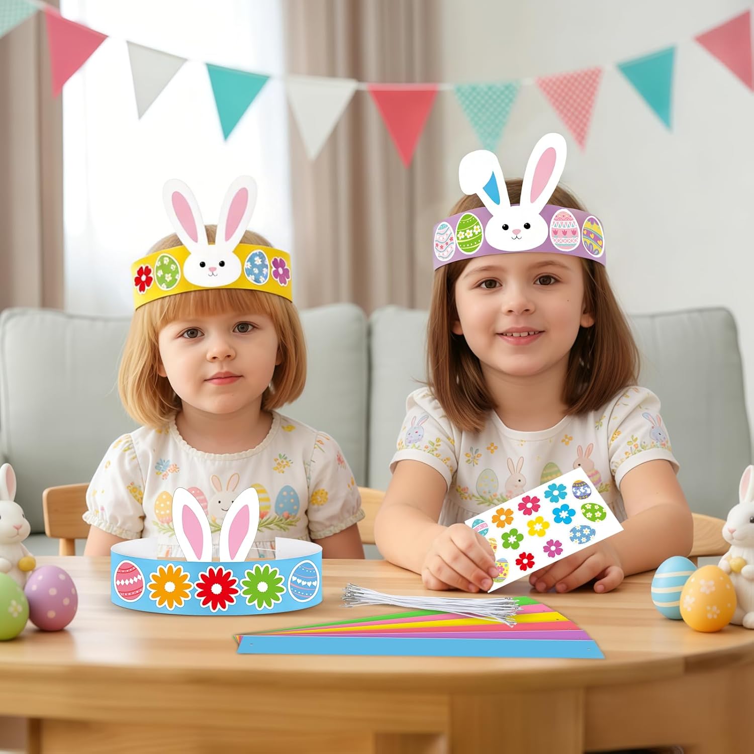 Sereliy Easter Crown Crafts Kit 12 Pack Adjustable Paper Bunny Ear Hats with Stickers for Party Favours Activities (Bunny.12)