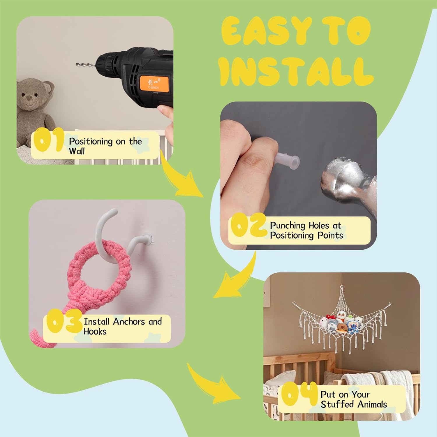 Stuffed Animal Hammock Corner Storage Net, 2-Pack Heavy-Duty Cotton Handwoven Large Plushie Net with Metal Anchors & Hooks | Kids Bedroom & Nursery Wall Decor (Cream&Pink)