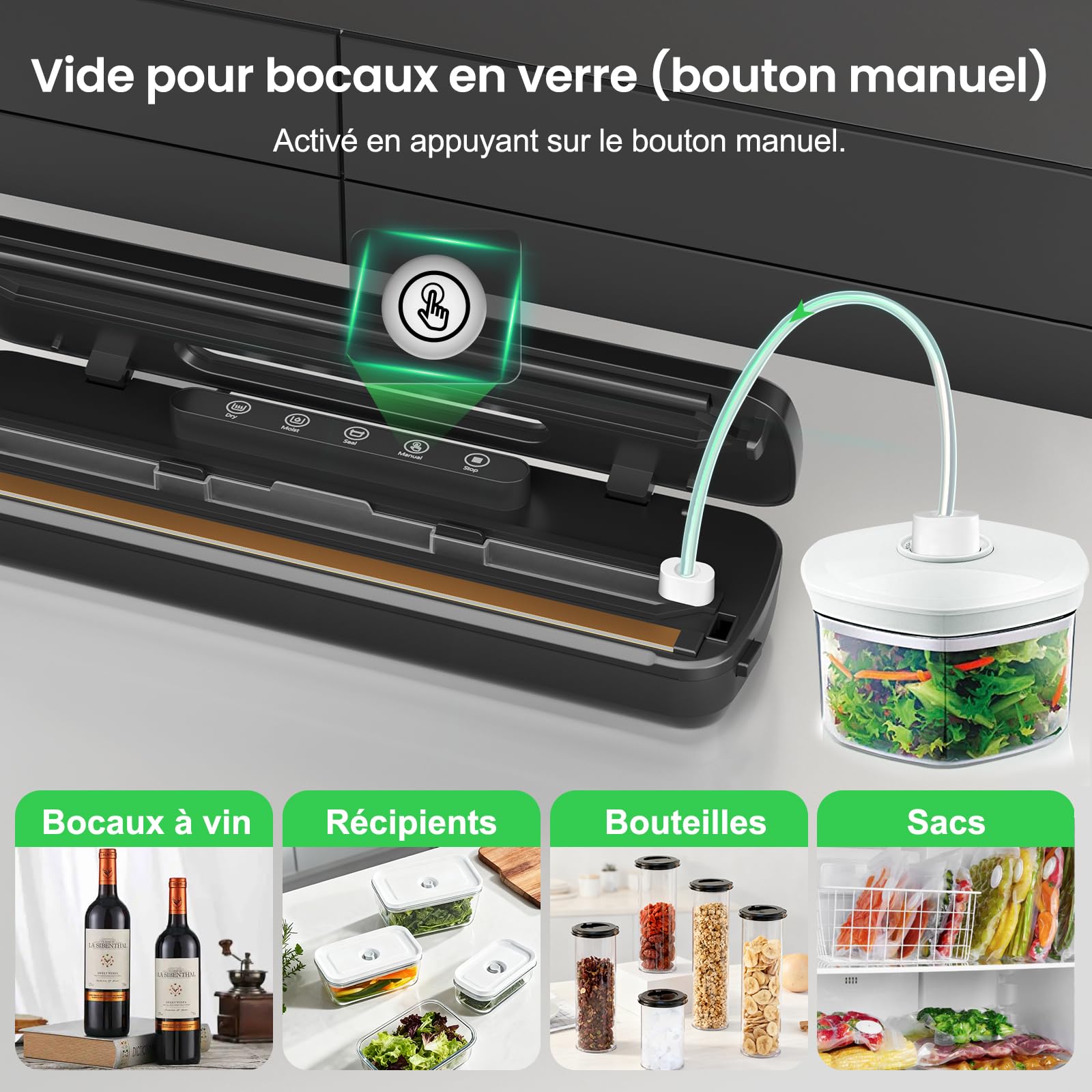 Raycial Machine Sous Vide Alimentaire, 7-en-1 Appareil sous Vide Alimentaire 130W 90 kPa, Appareil de Mise Sous Vide pour La Cuisson Sous Vide, avec Cutter, 10 Sacs Prédécoupés et Tuyau D'extraction