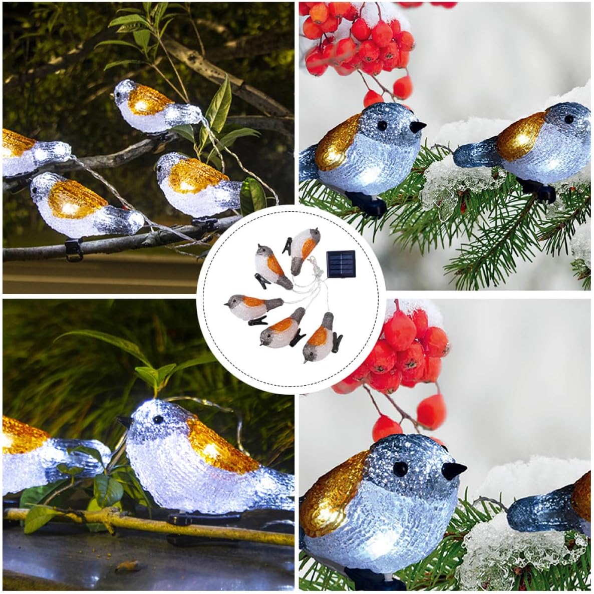 VALICLUD Solar-Powered LED Robin String Lights with 5 White and Yellow Bird Clips for Garden Patio Outdoor Decoration