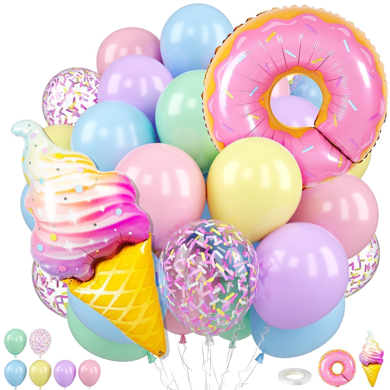 Pastel Color Balloons for Sweet Birthday Ice Cream Donut Party Decorations | Includes donut and ice cream foil balloons with pastel confetti, Decorations for sweet birthdays, Easter and dessert parties