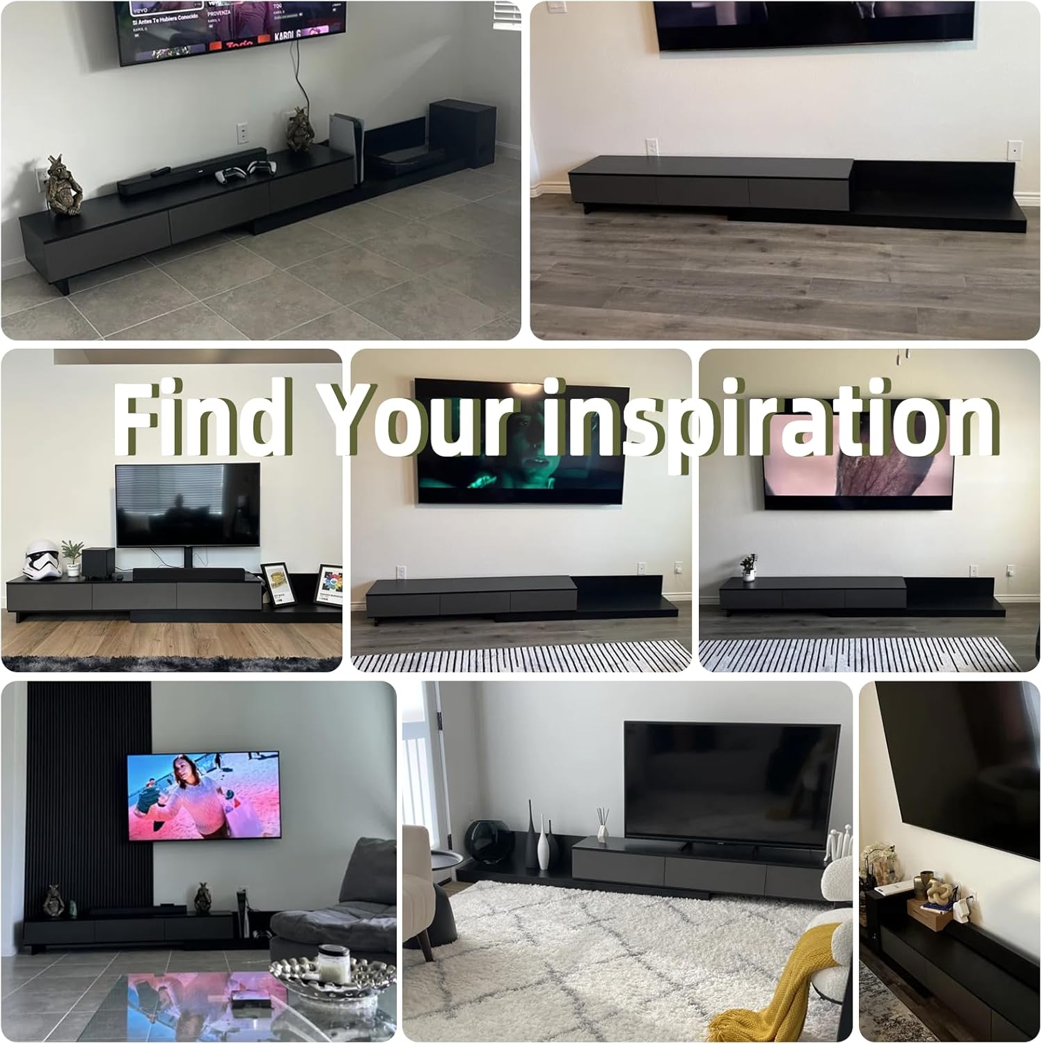 Telescoping TV Cabinet Modern Entertainment Center 85" TV Adjustable Length Media Cabinet with 3 Drawers Design for Living Room Bedroom Matte Black, Gray