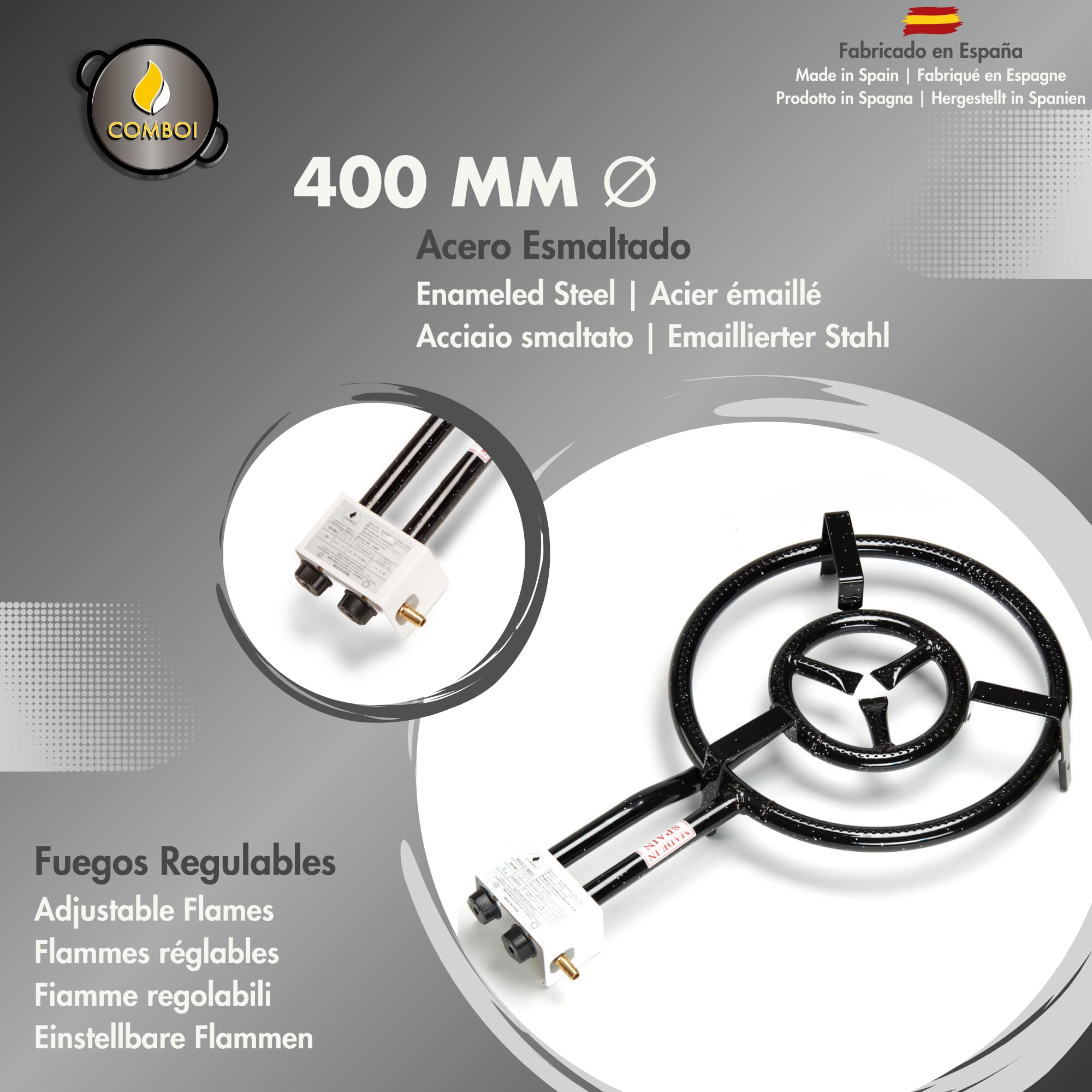 COMBOI Paellero gas butano 40 cm, paellera esmaltada de 46 cm,paella Kit Quemador, Regulador de gas, Manguera, Patas Soporte, nivel, delantal, Libro de Recetas digital