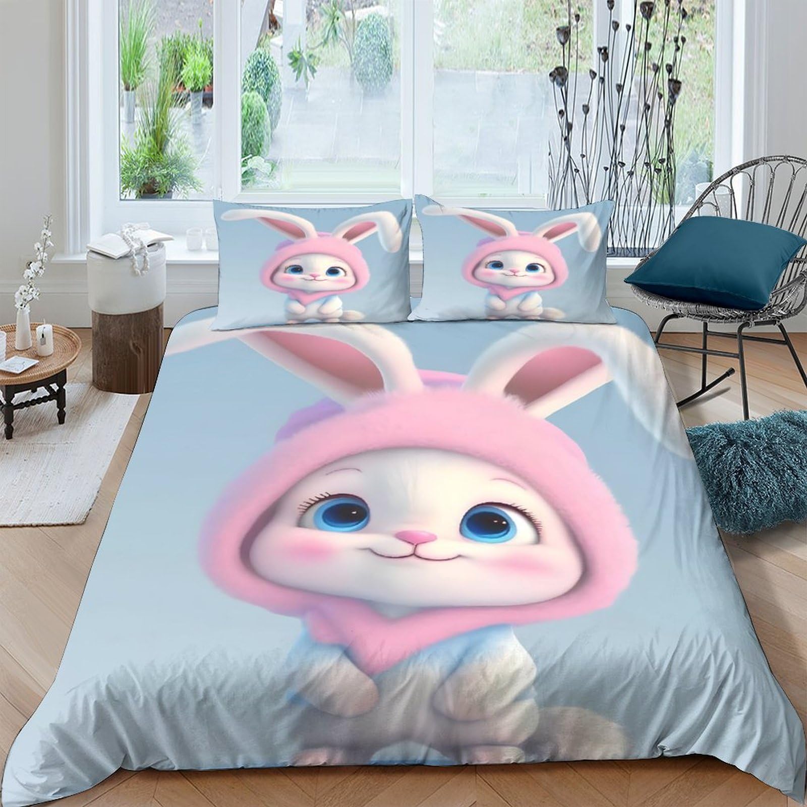 Ctjqhvkz Style-5 3D Printed Cute Bunny Fitted Sheet Microfiber Soft Pink Blue Cartoon Rabbit Bed Cover For Bedroom Guest Room Mattress Decor Single（135X200cm）