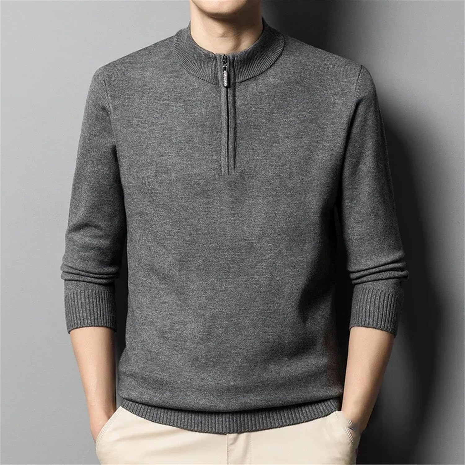 Half Zipper Knitted Sweater Men's Winter Half Turtleneck Solid Color Sweater Loose Inside Bottoming Shirt top